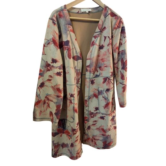 SOLITAIRE Tan & Red Floral Faux Suede Open Front Coat Duster LARGE EUC - Picture 1 of 5